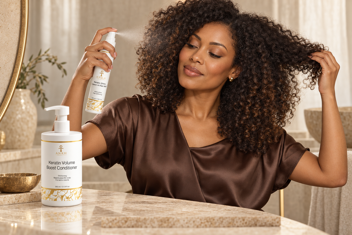 Black woman spraying Ankh Beauty leave-in mist onto natural curls beside the Keratin Volume Boost Conditioner.