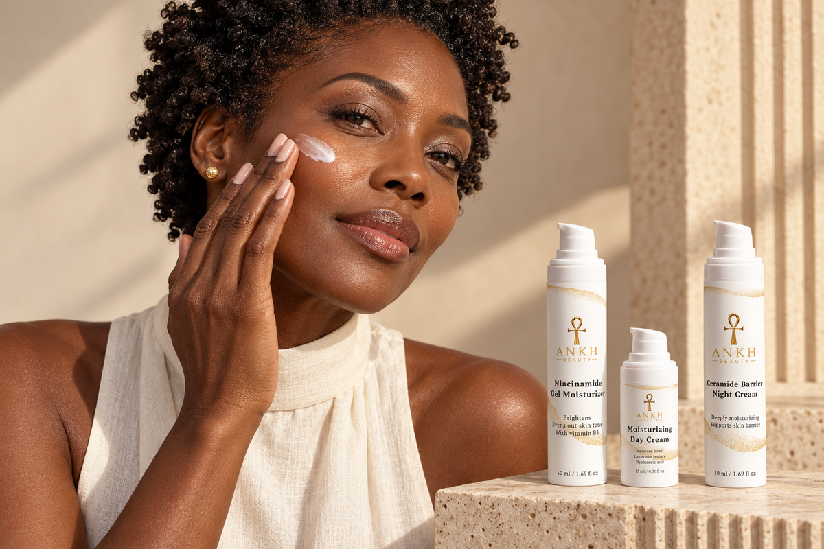 Black woman applying moisturizer beside Ankh Beauty gel moisturizer, compact day cream and night cream.