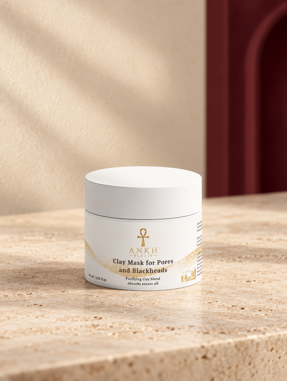 Clay Mask for Pores and Blackheads, original Ankh Beauty packaging on warm ivory stone