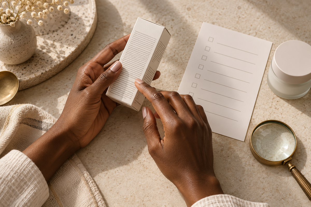 Hands comparing a skincare ingredient panel with a checklist beside an unbranded jar and magnifying glass.