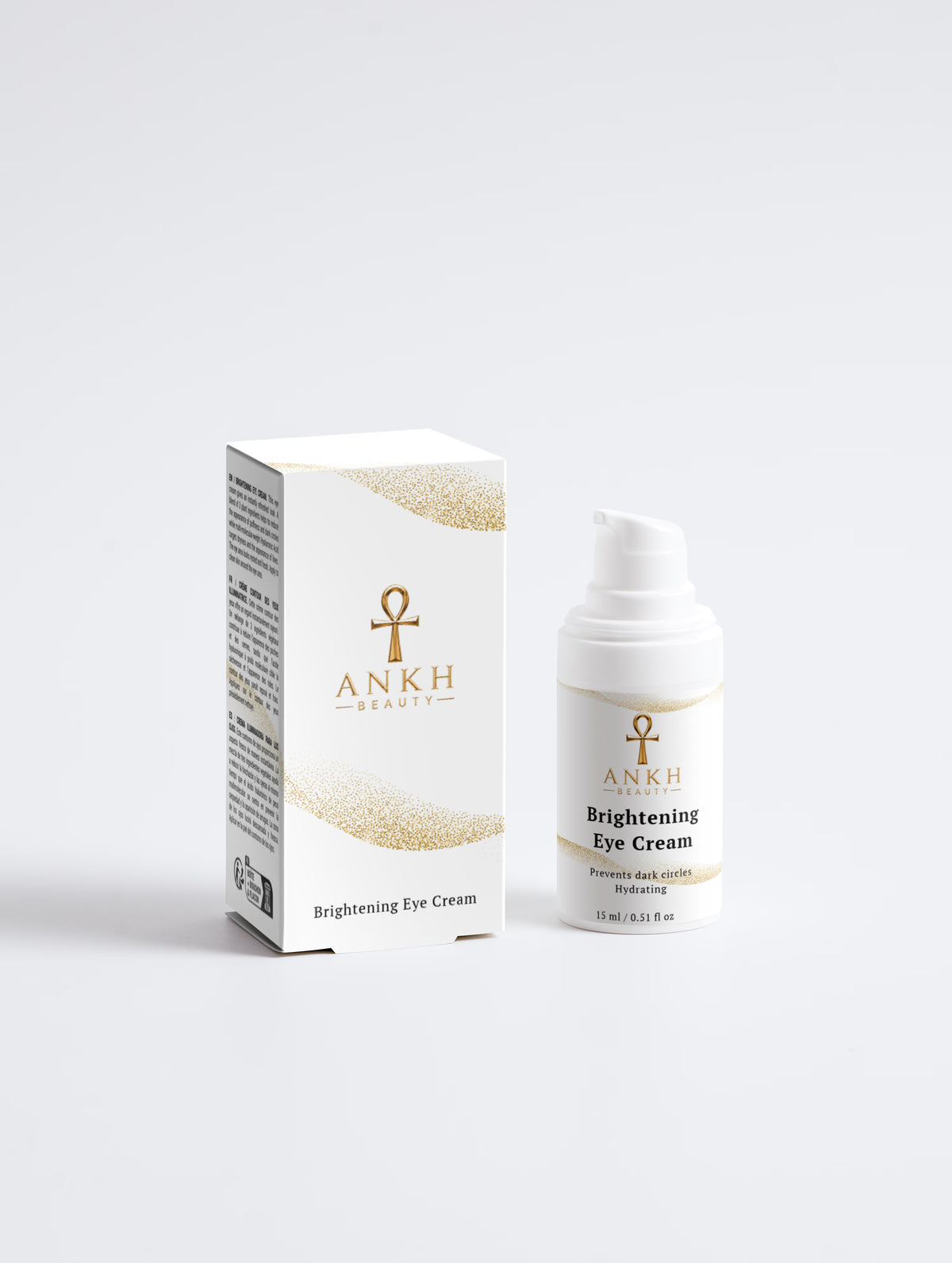 Ankh Beauty Brightening Eye Cream, pump bottle and box, front view