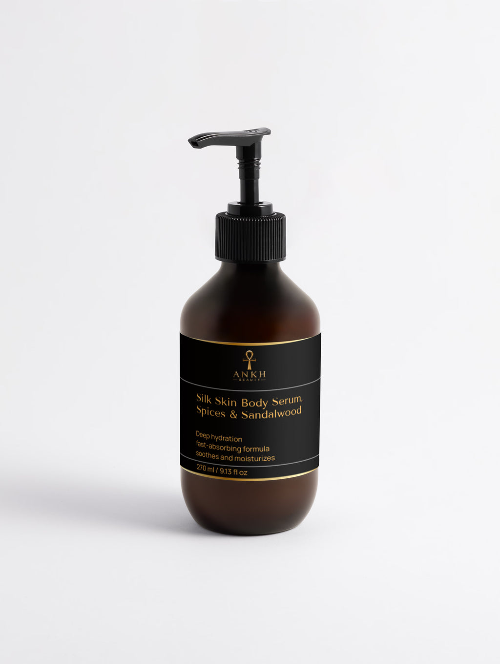 Ankh Beauty Silk Skin Body Serum, Spices & Sandalwood, pump bottle, front label