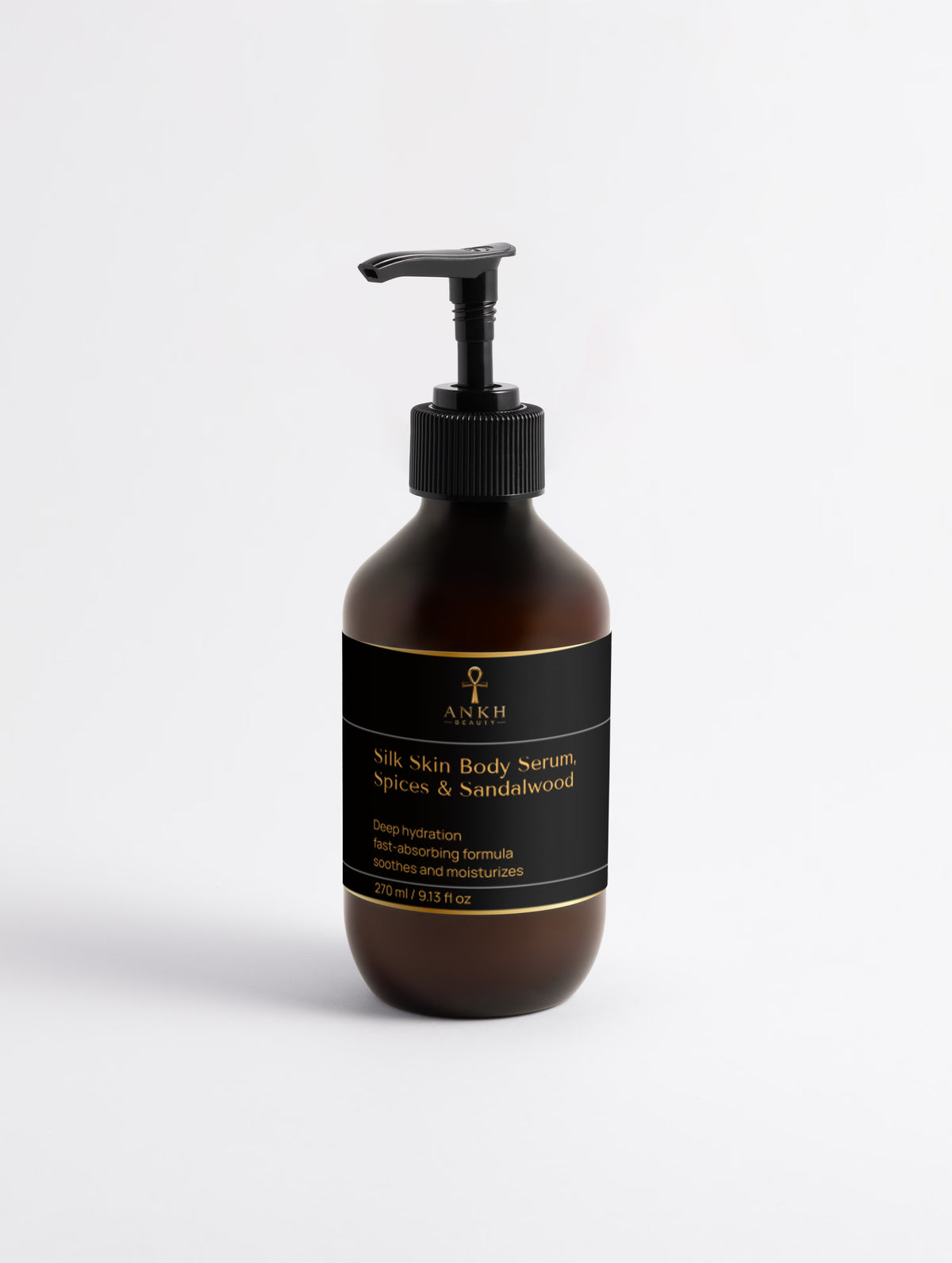Ankh Beauty Silk Skin Body Serum, Spices & Sandalwood, pump bottle, front label