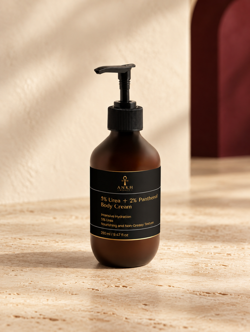 5% Hydroxyethyl Urea + 2% Panthenol Body Cream, original Ankh Beauty packaging on warm ivory stone