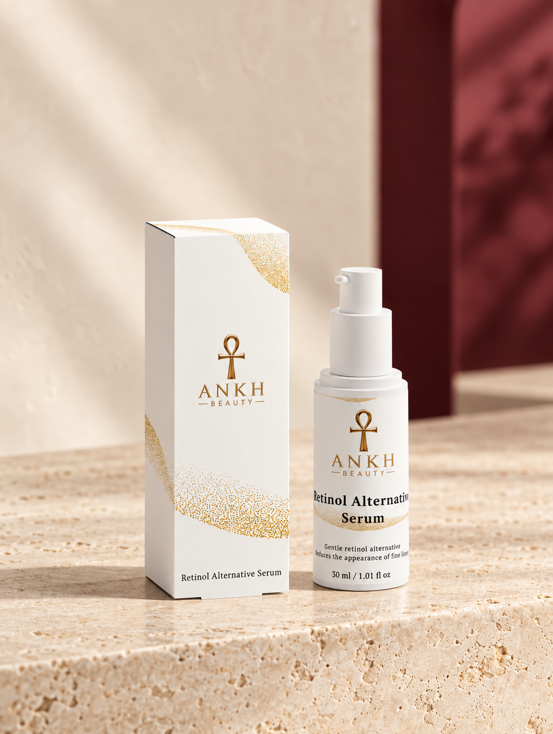 Retinol Alternative Serum, original Ankh Beauty packaging on warm ivory stone