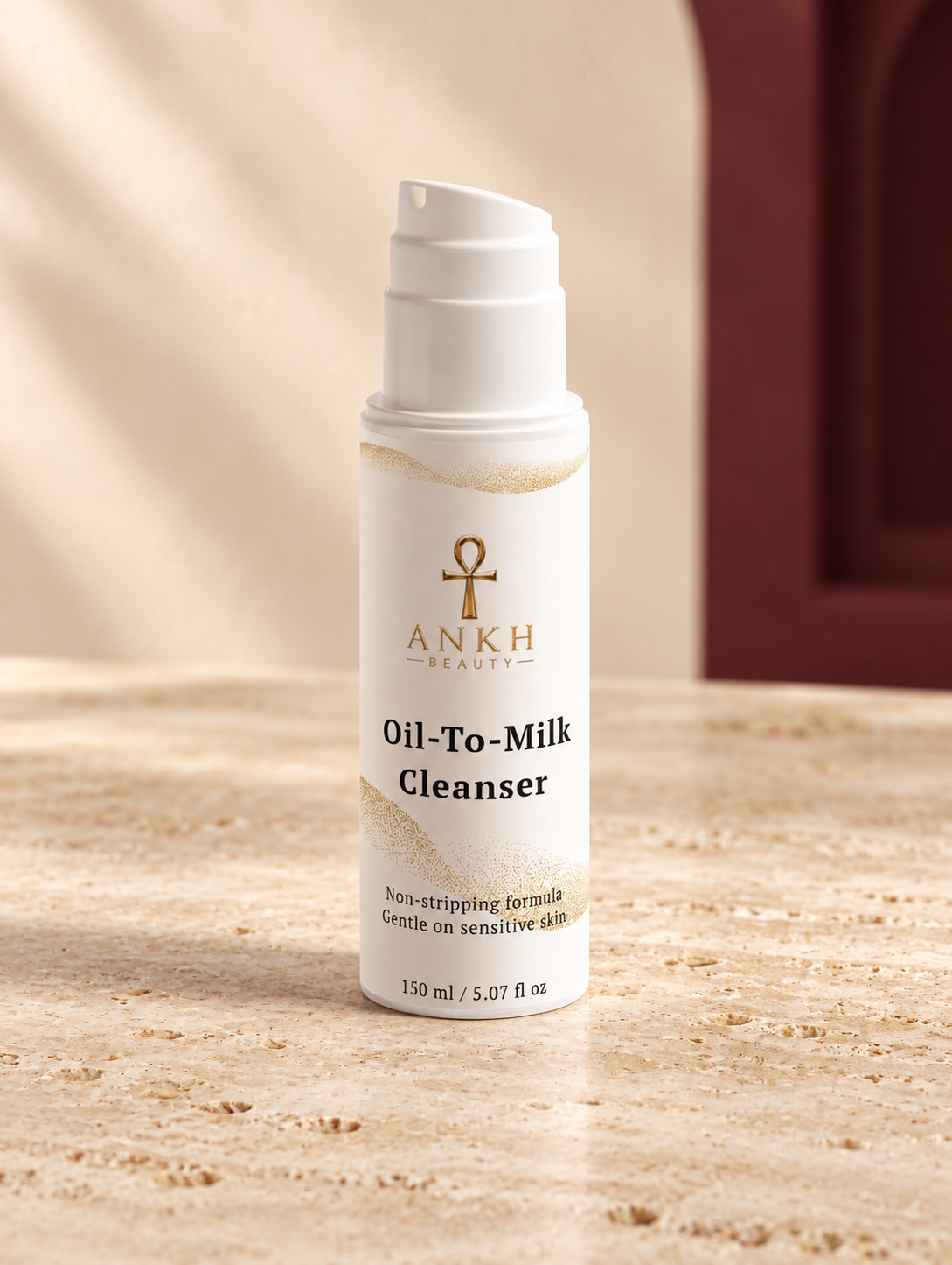 Sensitive Skin Oil-To-Milk Cleanser, original Ankh Beauty packaging on warm ivory stone