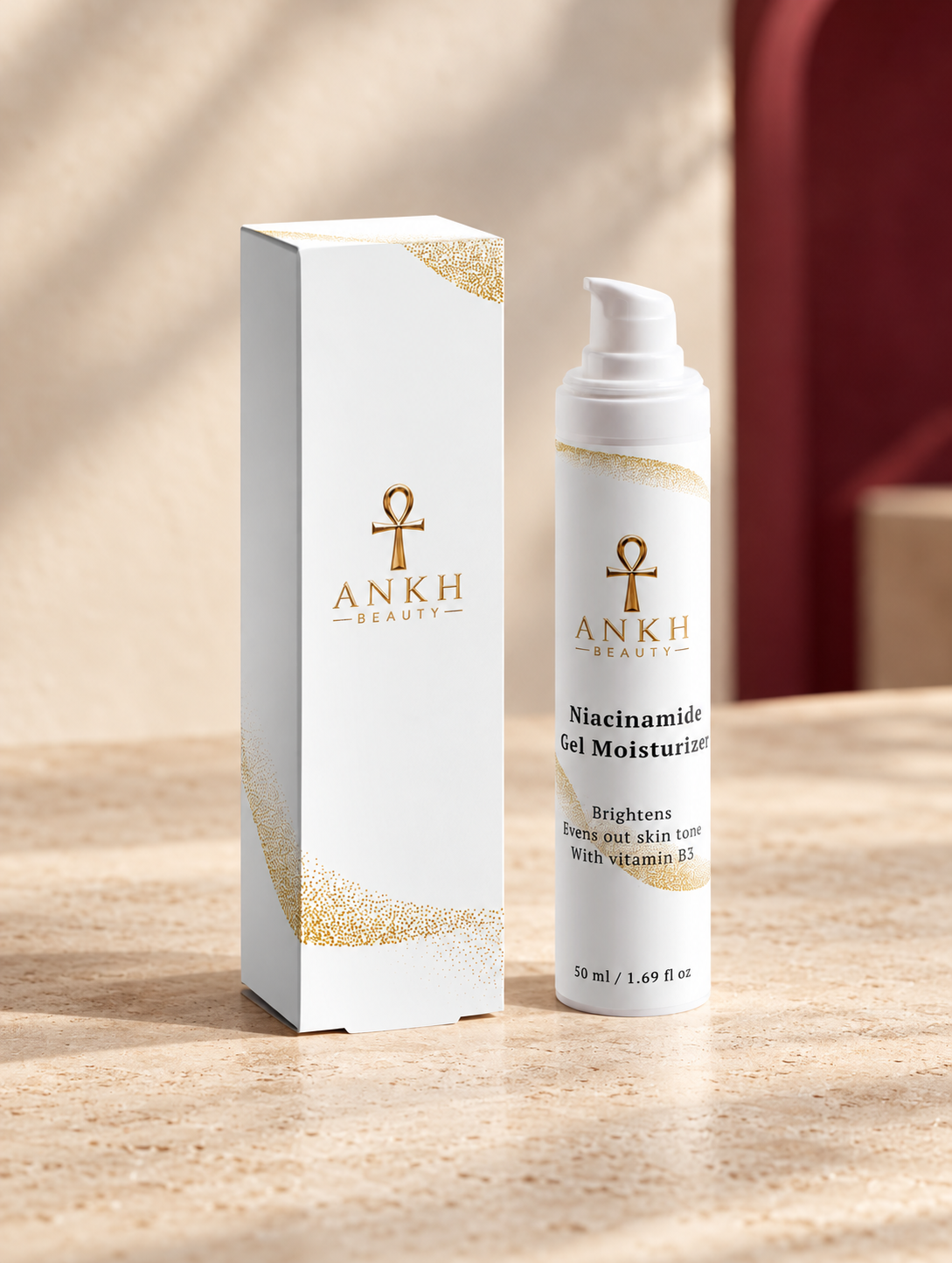 Niacinamide Gel Moisturiser, original Ankh Beauty packaging on warm ivory stone