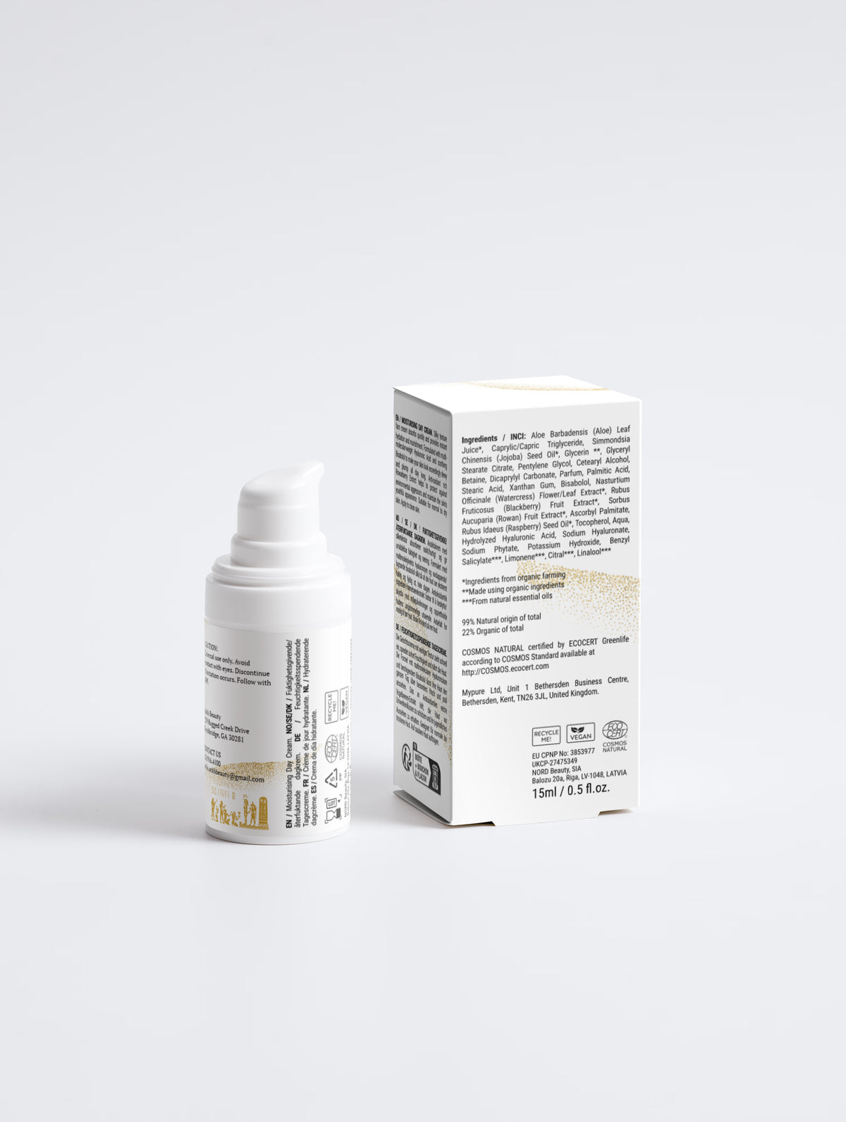 Ankh Beauty Moisturising Day Cream, pump bottle and box, back view