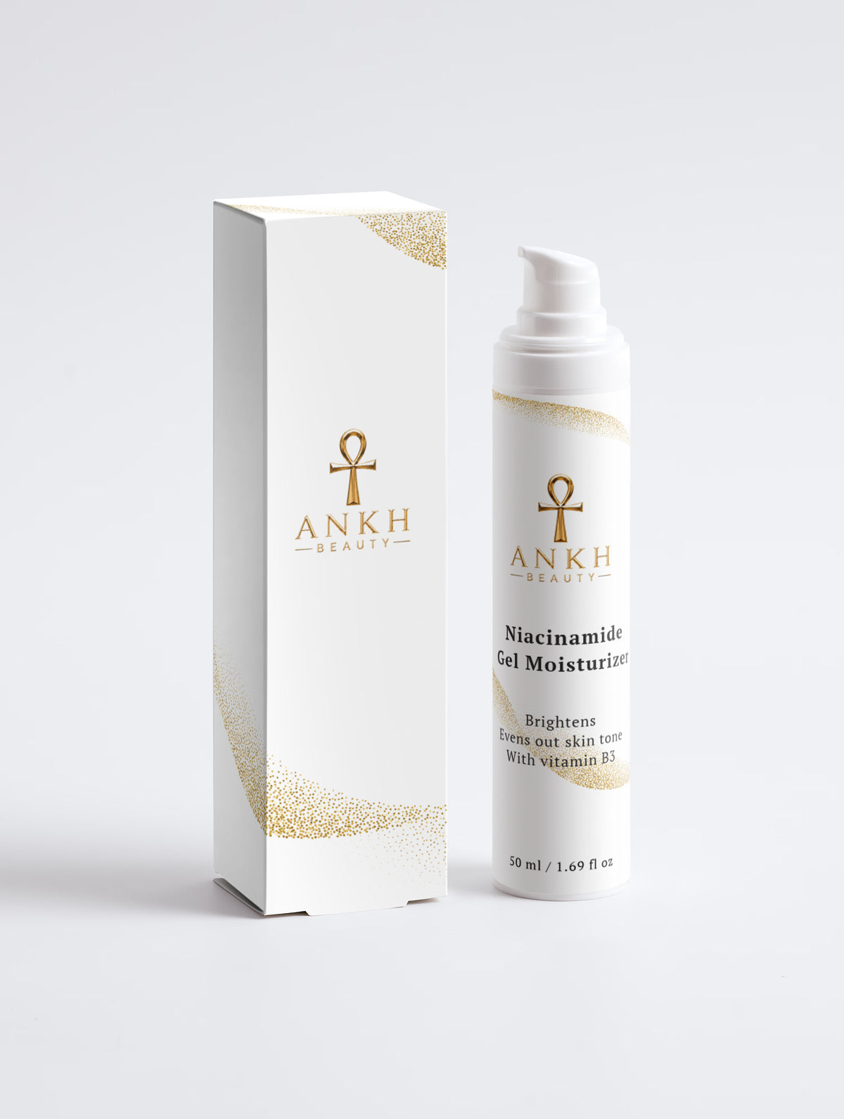 Ankh Beauty Niacinamide Gel Moisturiser, 50 ml pump bottle and box, front view
