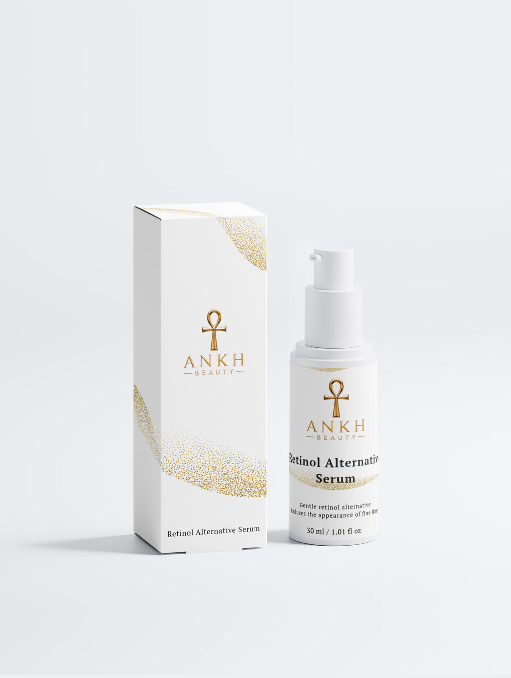 Ankh Beauty Retinol Alternative Serum, pump bottle and box, front view
