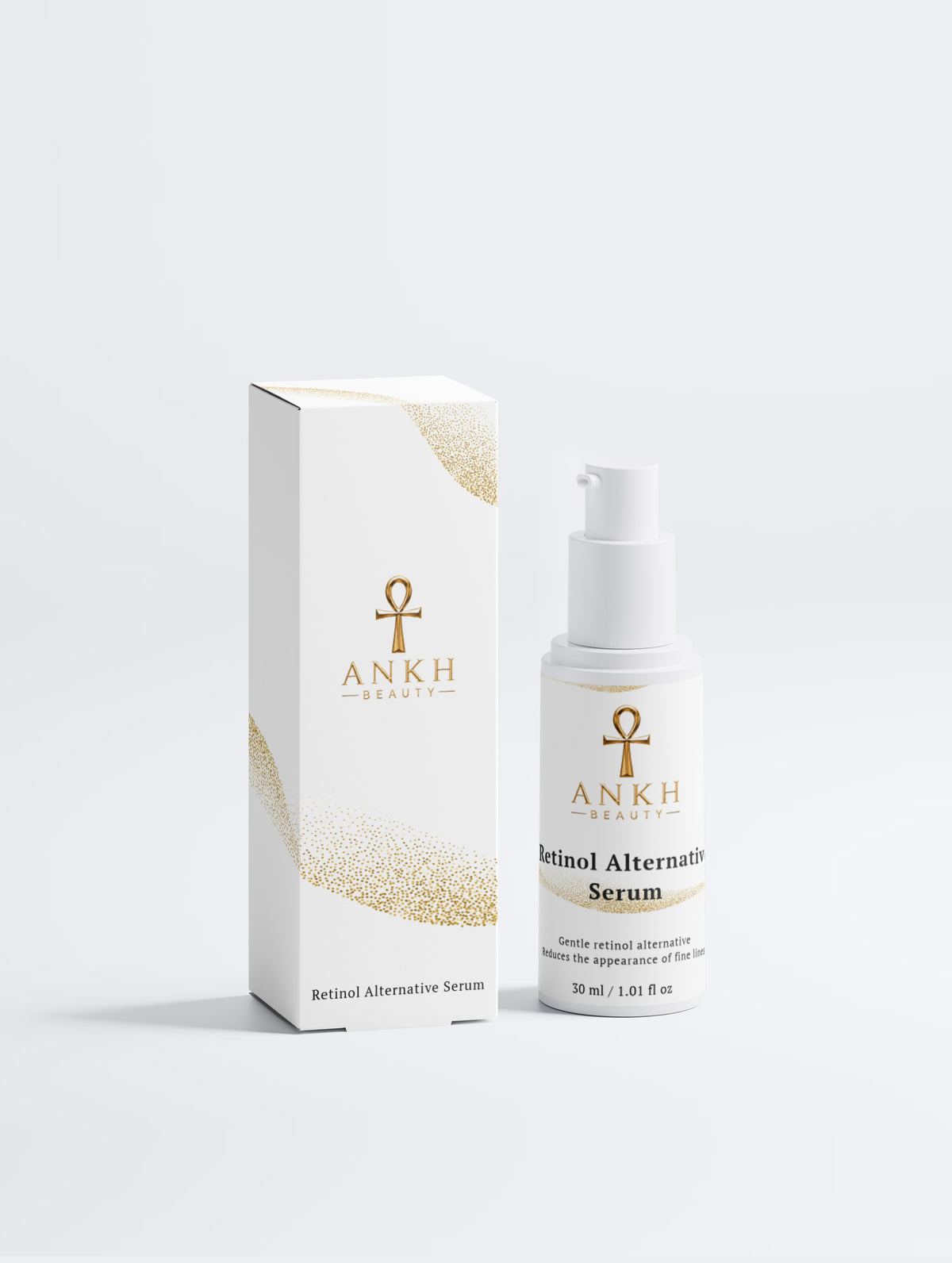 Ankh Beauty Retinol Alternative Serum, pump bottle and box, front view