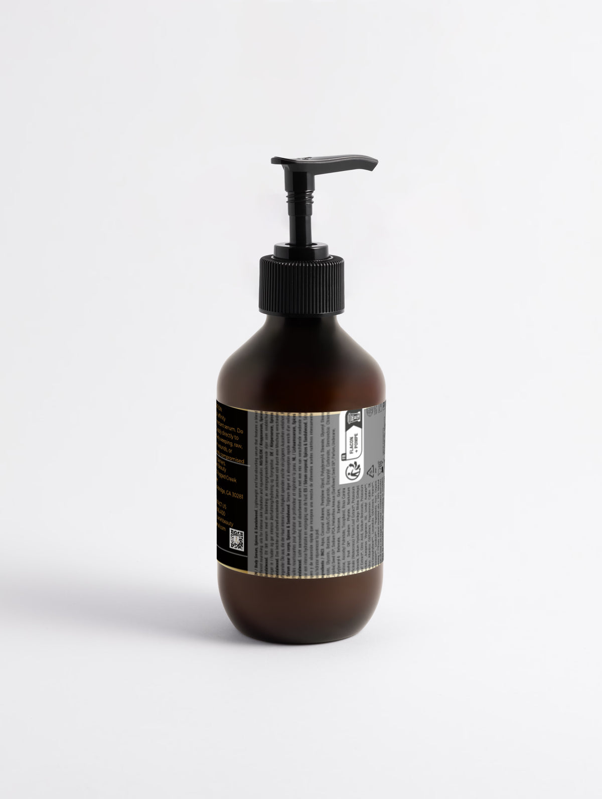 Ankh Beauty Silk Skin Body Serum, Spices & Sandalwood, pump bottle, back label