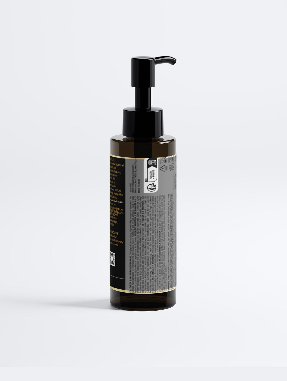 Ankh Beauty Omega 6-9 Glowing Skin Body Oil, pump bottle, back label